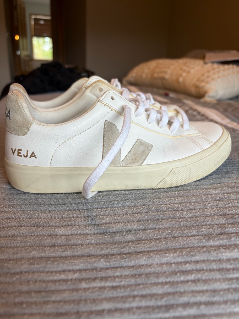 Veja White Leather Sneakers with Beige Accents